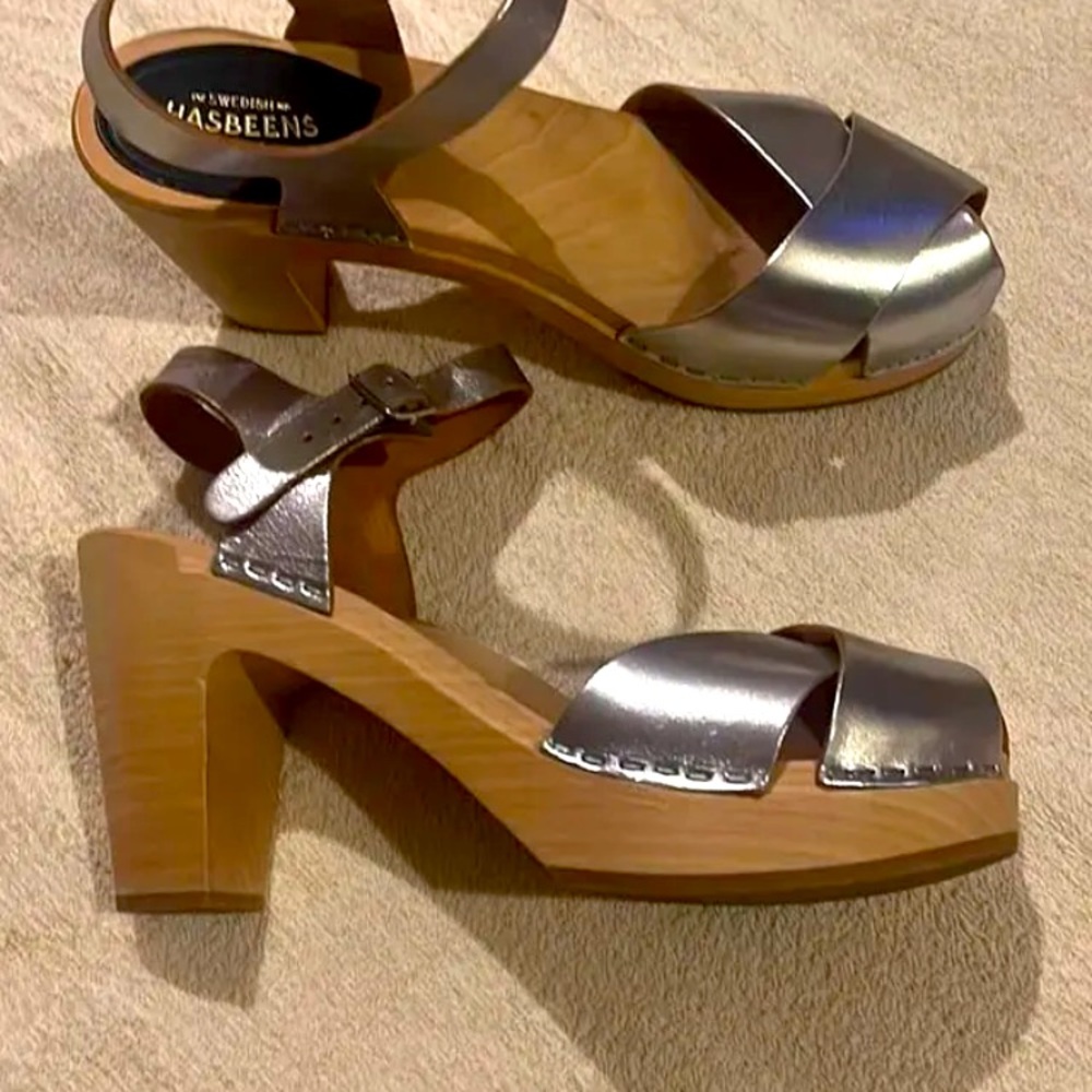 Swedish Hasbeens silver wood heel clog sandals